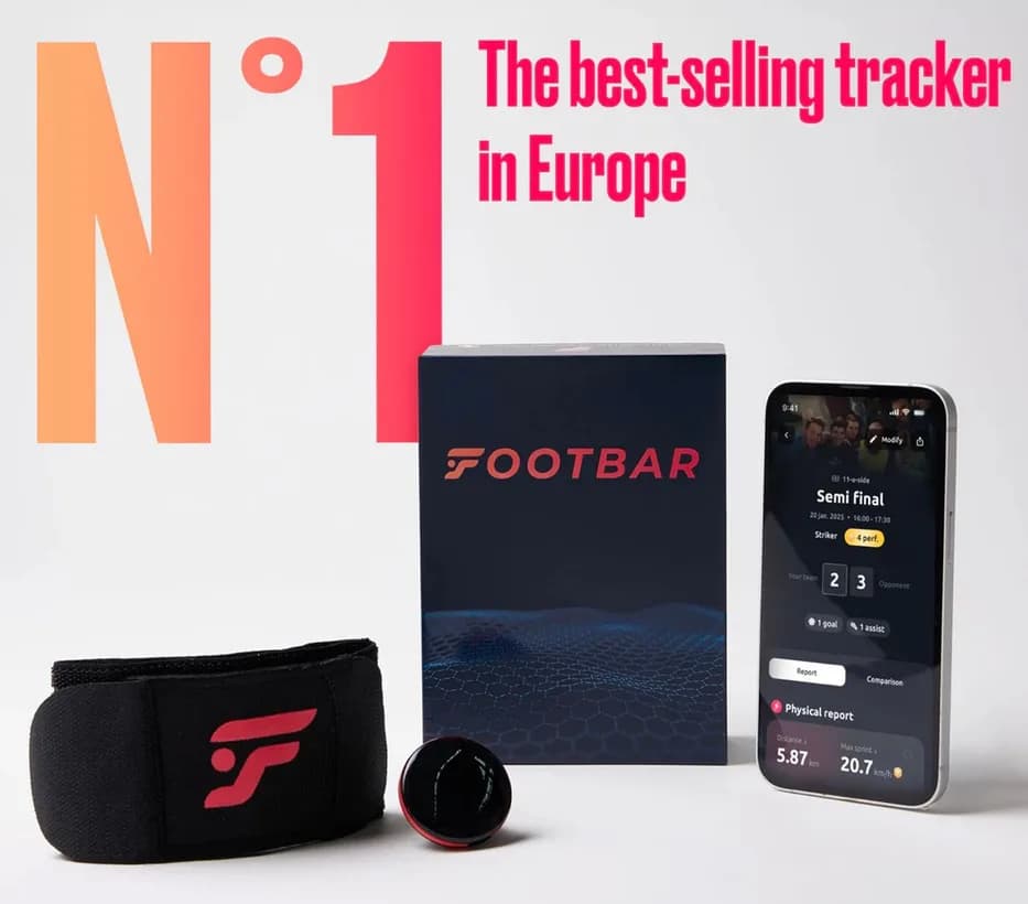 Footbar tracker kit: leg strap, sensor, box and mobile app