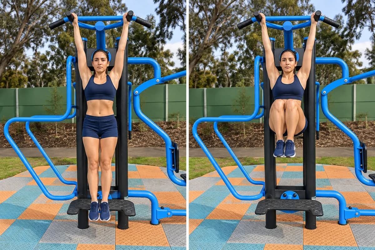Athlete hanging from a bar, then raising the knees to the chest