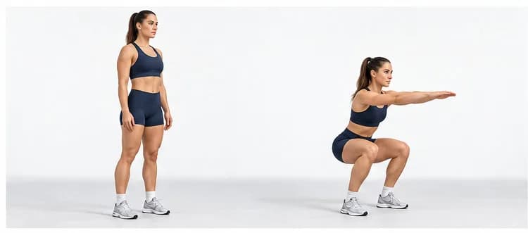 Athlete standing, then in a bodyweight squat with arms forward